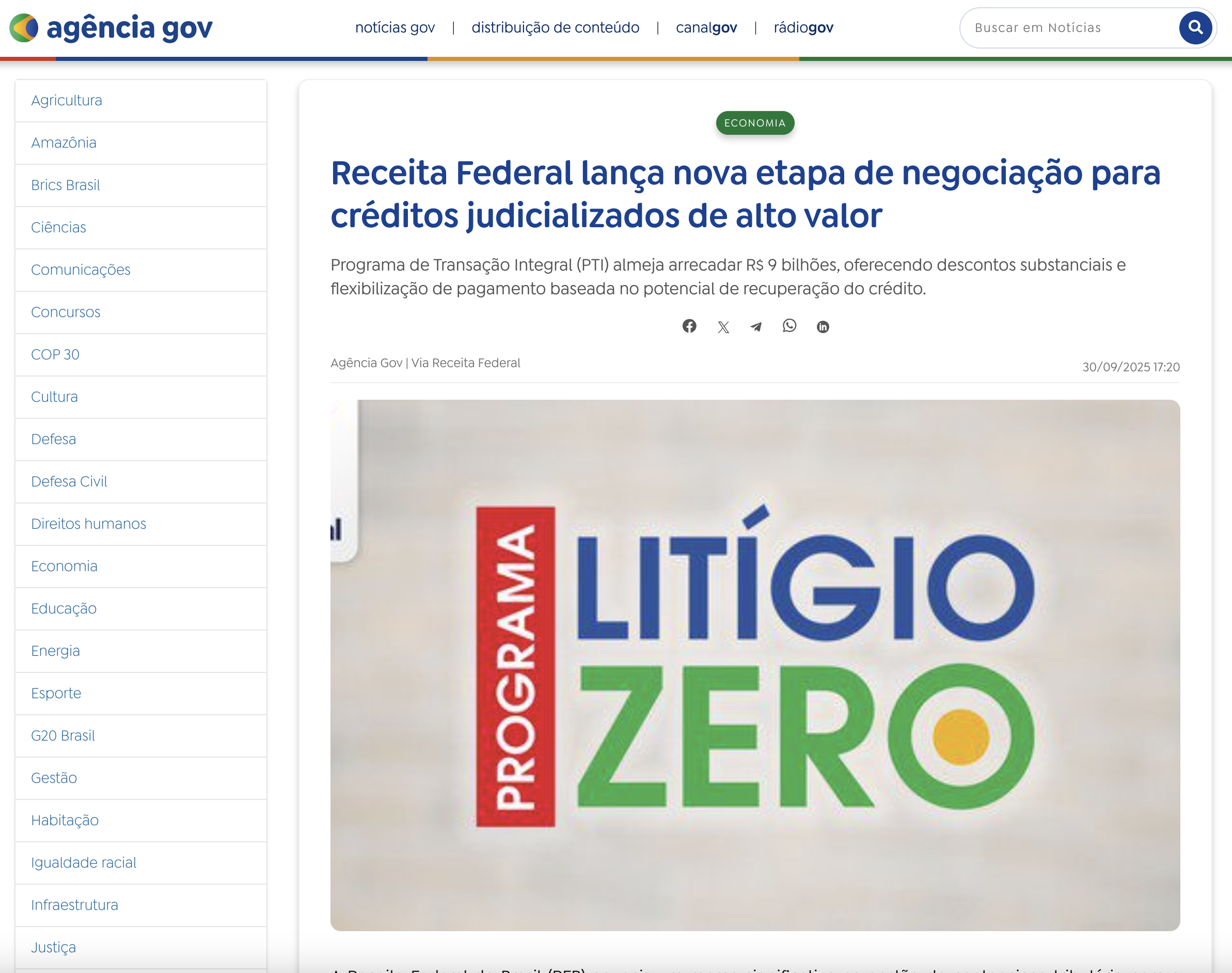 Notícia da Agência Gov sobre o lançamento da nova etapa de negociação do Programa Litígio Zero pela Receita Federal